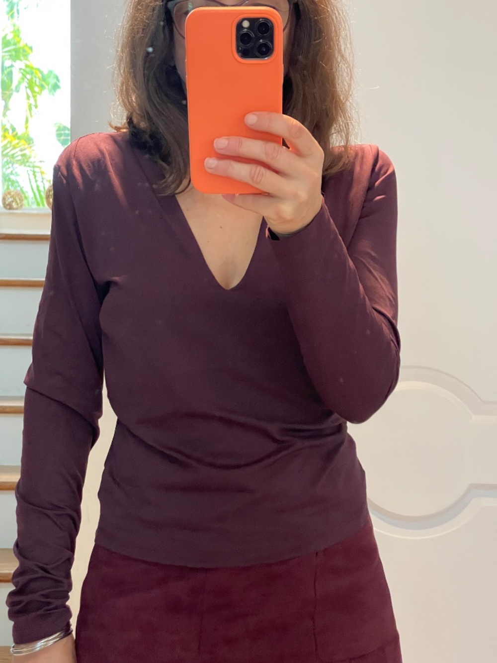 Naf Naf burgundy jersey V neck pleated sweater women M